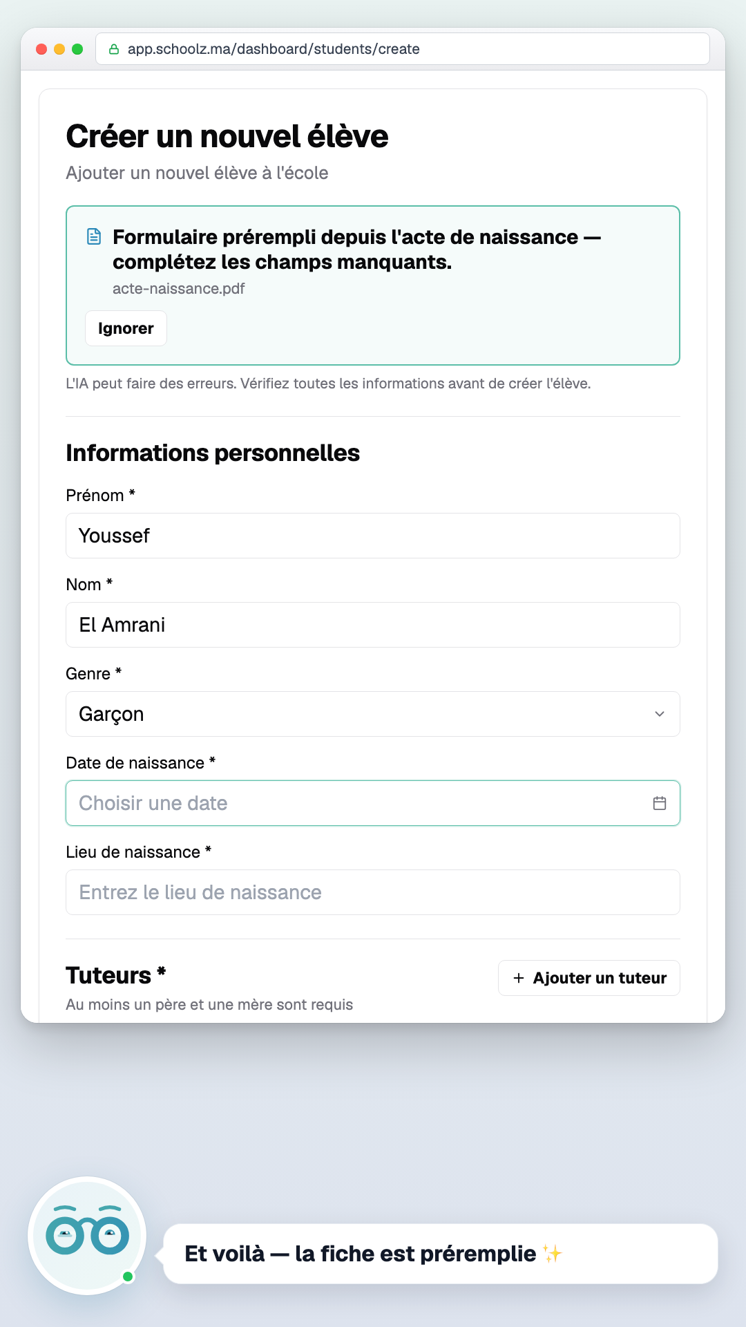 Aperçu — Inscription depuis l'acte de naissance