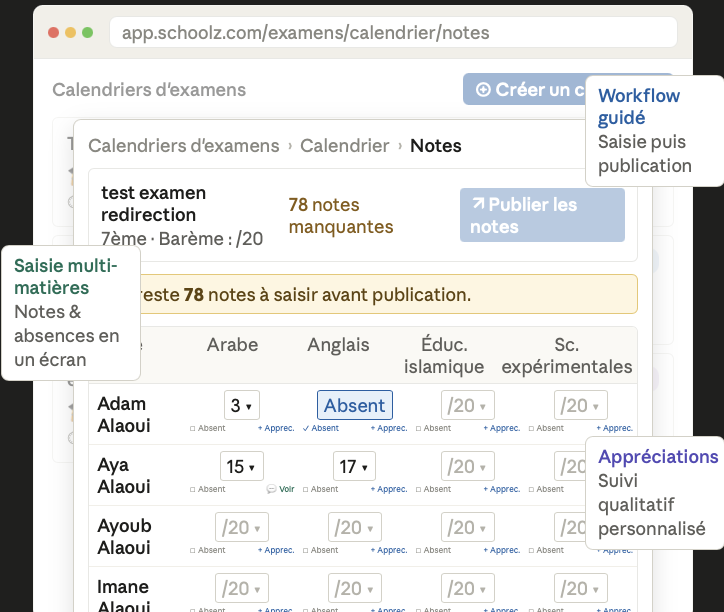 Aperçu — Calendrier d'Examens & Notes