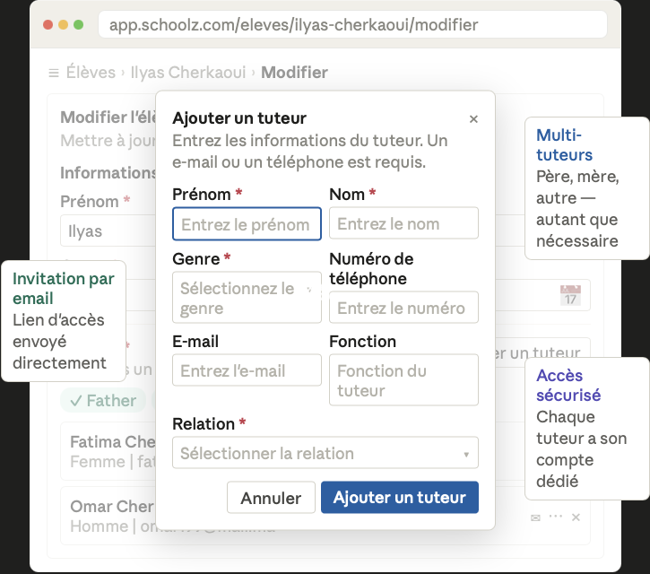 Aperçu — Gestion des Parents/Tuteurs